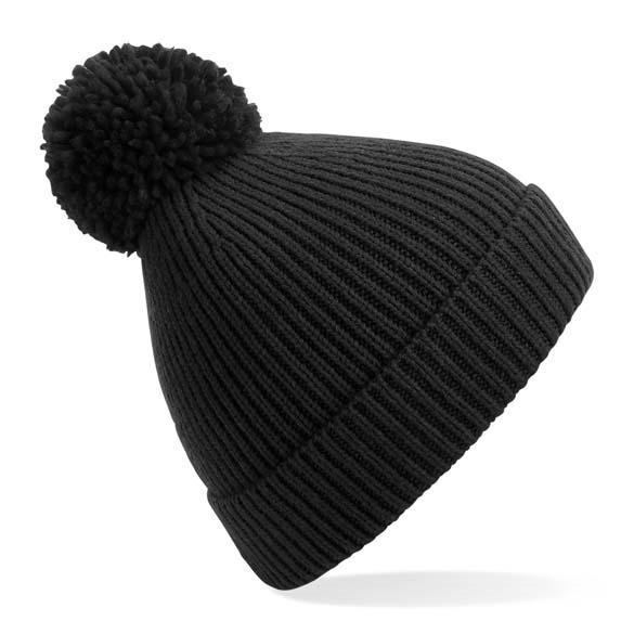 Engineered knit ribbed pom pom beanie